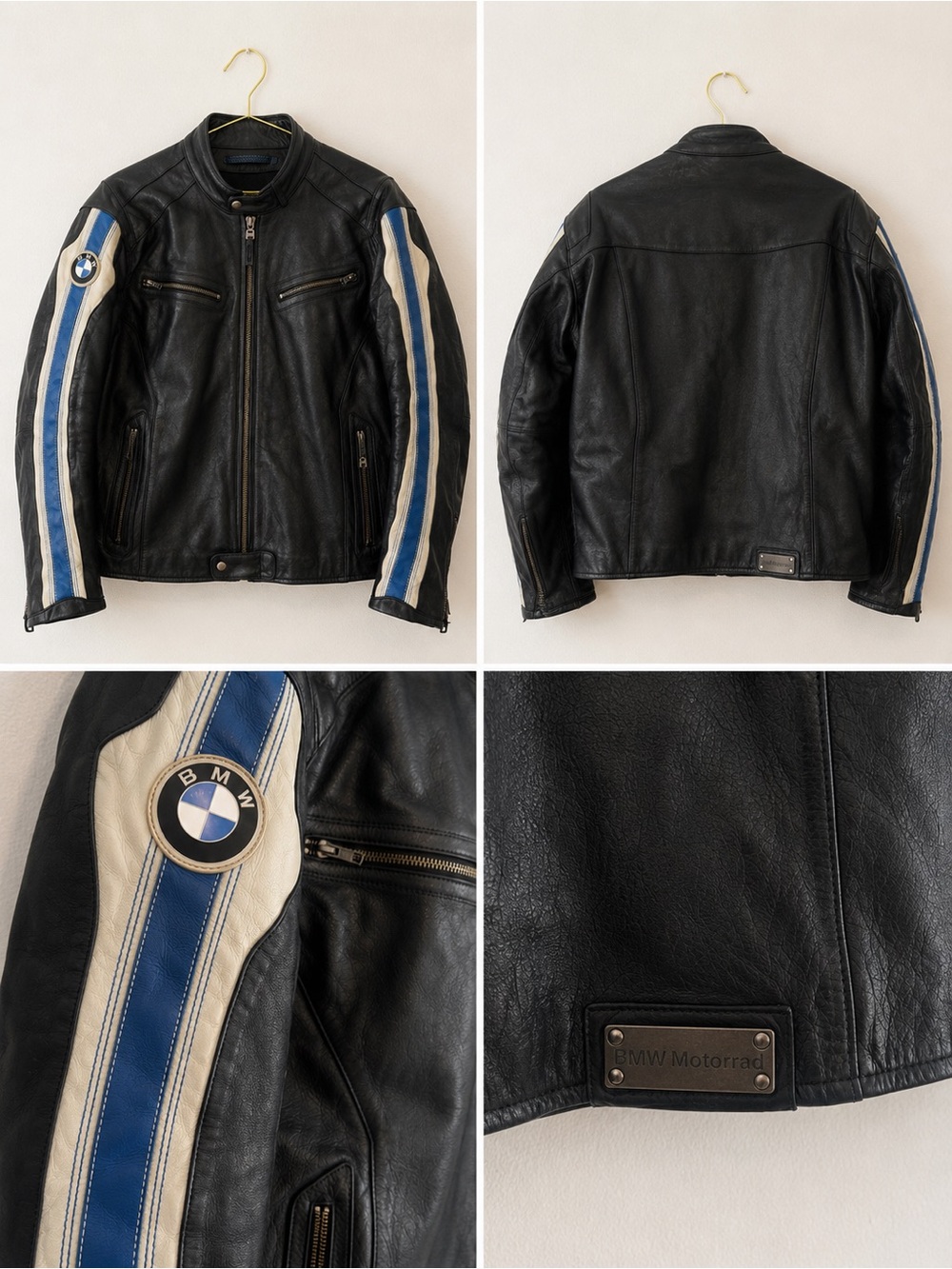 BMW Black Leather Jacket with Blue & White Sleeve Stripes